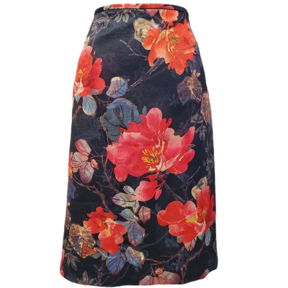 Tahari Arthur S Levine Y2k Blue Red Floral Shimmer Pencil Dressy Skirt 6 NWOT